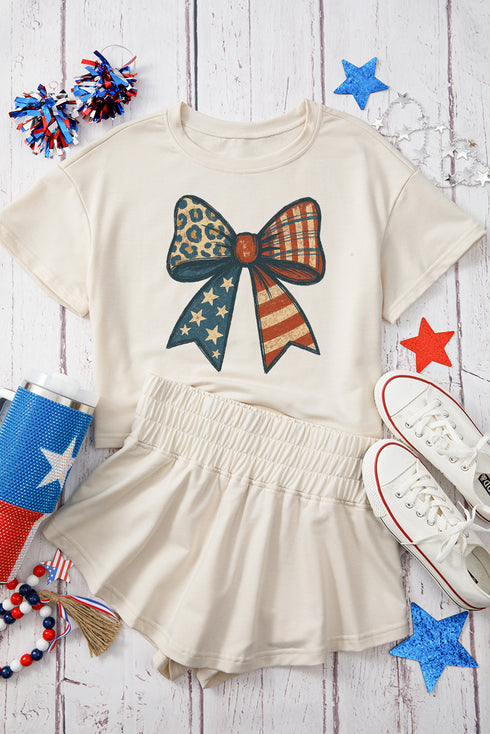 Patriotic Leopard Star Striped Bow Graphic Tee and Skort Lounge Set